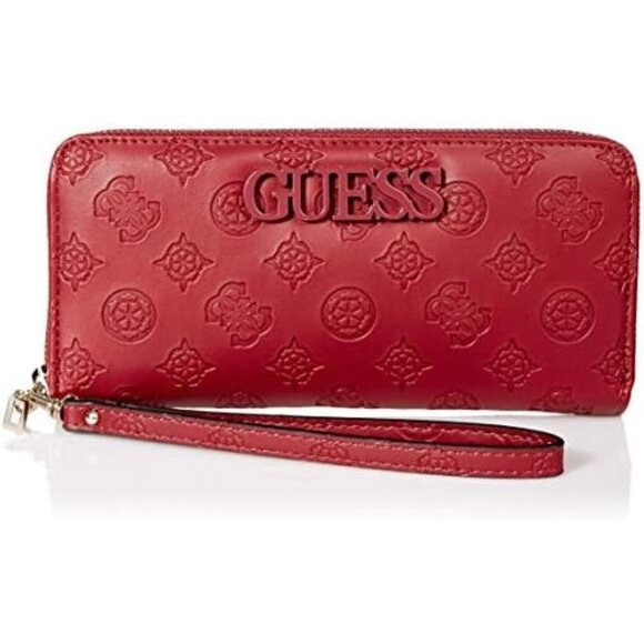 GUESS Women's Janelle Large Zip Around Wallet, Merlot debossed peony logo - Picture 1 of 14